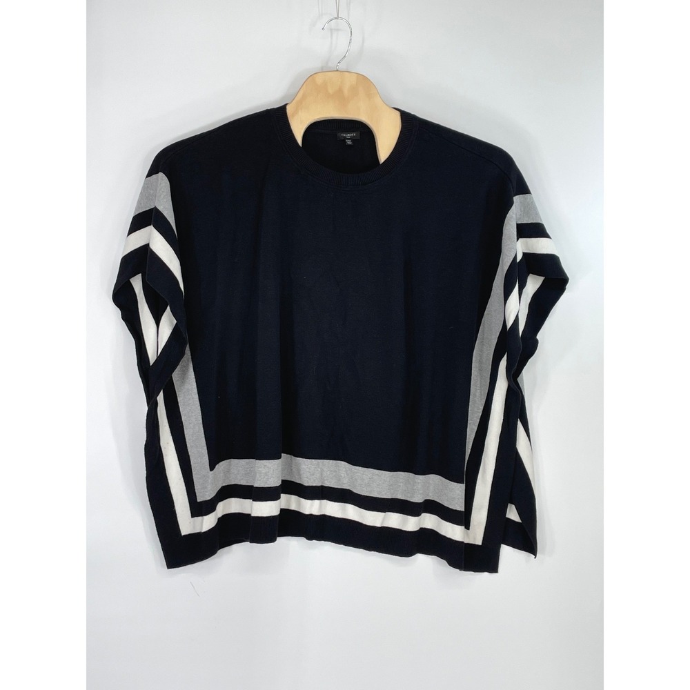 Talbots Women Sweater X/1X Poncho Black Grey White Color Block Stripe Lagenlook